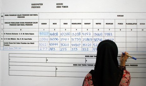 Anggota Komisi Pemilihan Umum (KPU) mencat hasil perolehan suara di tingkat kecamatan 