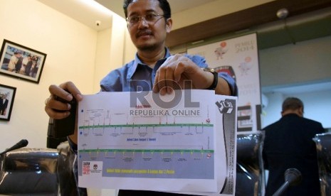 Anggota Komisioner KPU Ferry Kurnia Rizkiyansyah menunjukkan jadwal tahapan pendaftaran pasangan calon Pilkada 2015 di Kantor KPU, Jakarta, Selasa (11/8).  (Republika/Rakhmawaty La’lang)