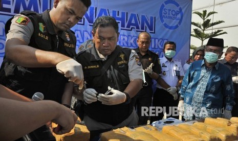 Anggota Satnarkoba Polda Banten disaksikan para anggota Muspida setempat mengecek paket ganja saat akan dimusnahkan di halaman Gedung BNN Banten, di Serang, Rabu (31/7/2019). 