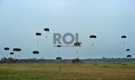 Paratroopers show their skills in the 68th Indonesian Independence day celebration in Seunuddon, Lhoksukon, North Aceh, on August 17, 2013.