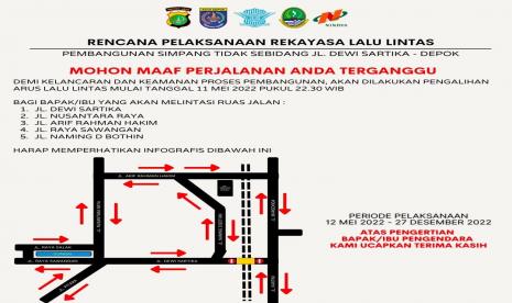 Aparat Dinas Perhubungan (Dishub) Kota Depok bersama Satlantas Polrestro Depok akan menutup simpang tak sebidang atau perlintasan rel KRL di Jalan Dewi Sartika, Kota Depok. Penutupan dalam rangka pembangunan underpass atau jalan terowongan yang akan diberlakukan mulai 17 Maret 2022.