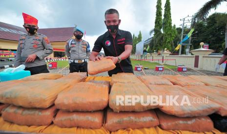 Aparat menyusun barang bukti narkoba jenis ganja sebelum dimusnahkan (ilustrasi).