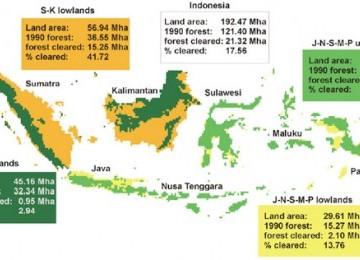 Around 4O percent of lowland forests in Sumatra and Indonesian Borneo cleared in 1990-2005.