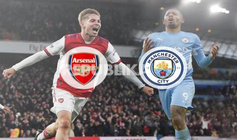 Gelandang serang Arsenal Emile Smith Rowe Vs striker Manchester City Gabriel Jesus (kanan).