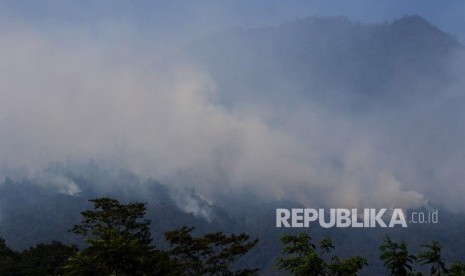 Asap dari kebakaran hutan Gunung Merapi Ungup-Ungup membubung ke udara di Banyuwangi, Jawa Timur, Kamis (24/10/2019). 