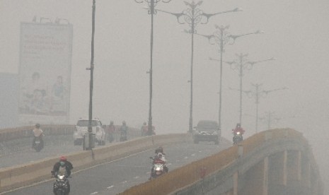 Asap di Pekanbaru makin pekat akibat kebakaran hutan.