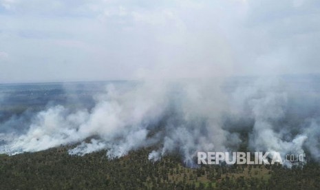 Asap membumbung tinggi dari kebakaran hutan dan lahan yang terjadi di Kabupaten Banjar, Kalimantan Selatan.