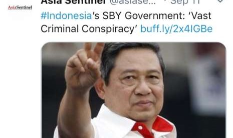 Asia Sentinel's twitter post on the news mentioning Susilo Bambang Yudhoyono administration's involvement in Bank Century scandal.