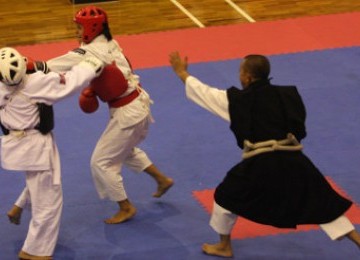 Atlet kempo Indonesia Ade Irma (tangah) melawan Branom Channar dari Kamboja pada kelas 48 kg Woman Randori (free sparring) cabang olahraga kempo SEA Games XXVI di GOR Ciracas, Jakarta, Rabu (16/11).