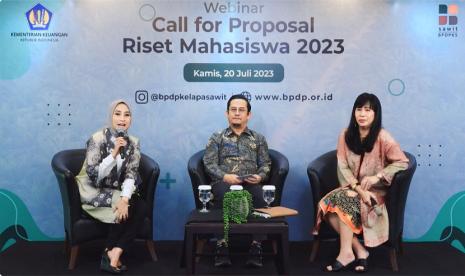 Badan Pengelola Dana Perkebunan Kelapa Sawit (BPDPKS) menggelar Web Seminar Call for Proposal untuk Riset Sawit Mahasiswa Tahun 2023-2024. Kegiatan ini dilaksanakan dalam rangka sosialisasi Program Lomba Riset Sawit Tingkat Mahasiswa Tahun 2023.