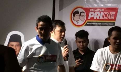 Bakal cawapres Sandiaga Uno meluncurkan Relawan Pride di Posko Sahabat Prabowo Sandi, Kebayoran Baru, Jakarta Selatan, Kamis (6/9).