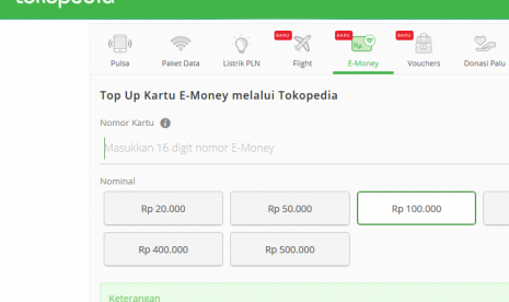 Bank Mandiri gandeng Tokopedia untuk pelayanan pengisian ulang saldo e-money.