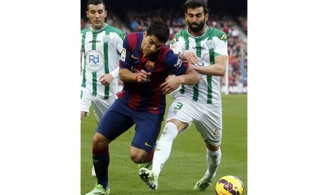 Barcelona's player Luis Suarez (L) fights for the ball against Cordoba's Jose Angel Crespo during their Spanish First division soccer match at Camp Nou stadium in Barcelona December 20, 2014.