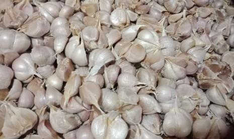 Bawang putih impor yang dijual di Pasar Induk Kramat Jati, Jakarta Timur, Ahad (14/4). 