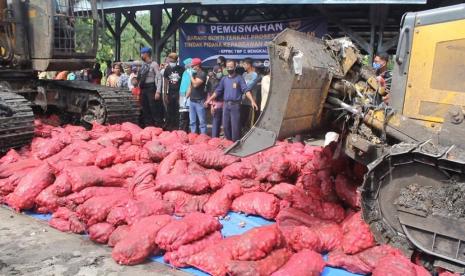 Bea Cukai Bengkalis kembali melakukan pemusnahan terhadap barang bukti tindak pidana kepabenanan di bidang impor berupa 1.155 karung bawang merah yang berat keseluruhannya sebesar 11 Ton.