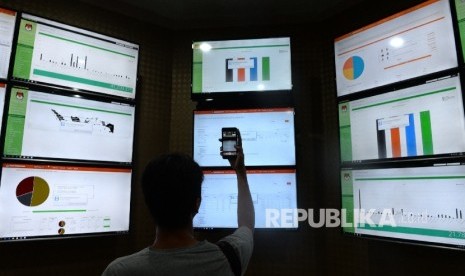 Beberapa panel monitor pemantau Pilkada dipasang di monitor operation room saat peluncuran Sistem Informasi Data Pemilih (Sidalih) di Gedung KPU, Jakarta, Selasa (11/7).