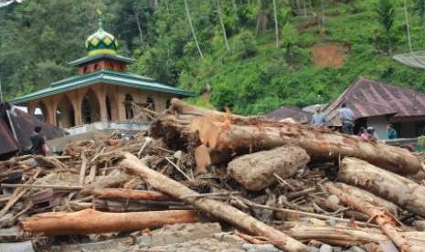 Beberapa warga berada di antara kayu yang terbawa arus sungai pascabanjir bandang yang terjadi, di Desa Muara Saladi, Kecamatan Ulu Pungkut, Mandailing Natal, Sumatra Utara, Sabtu (13/10). Banjir bandang yang terjadi pada Jumat (12/10) melanda sembilan kecamatan di Kabupaten Mandailing Natal.