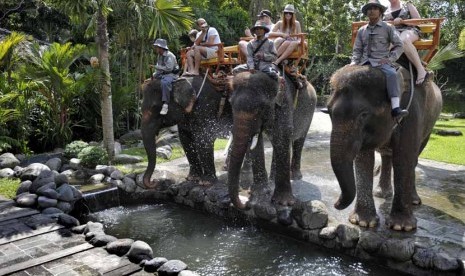 Beberapa wisatawan mancanegara menikmati wisata menunggang gajah di Bali Zoo Park, Desa Singapadu, Gianyar, Bali. 