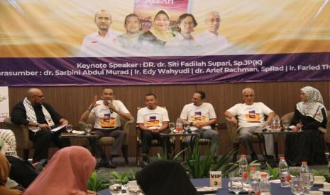 Talkshow dan Launching Buku terbaru MER-C berjudul Menghimpun Kebesaran Allah; Kisah Perjuangan Pembangunan RS Indonesia di Gaza - Palestina di Hotel The Acacia, Jakarta, Ahad (27/8/2023).