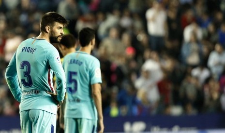 Bek Barcelona FC Barcelona Gerard Pique pada laga melawan Levante di Stadion Ciudad de Valencia, Senin (14/5) dini hari WIB. 