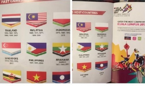 Bendera merah putih tampak dicetak terbalik di buku panduan SEA Games ke-29 di Malaysia.