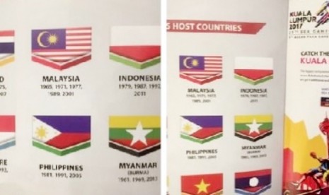 Bendera merah putih tampak dicetak terbalik di buku panduan SEA Games ke-29 di Malaysia.