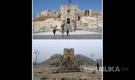 Benteng bersejarah di  Aleppo pada tahun pada 10 Agustus 2010 (atas) dan kondisi terakhir 13 Desember 2016.