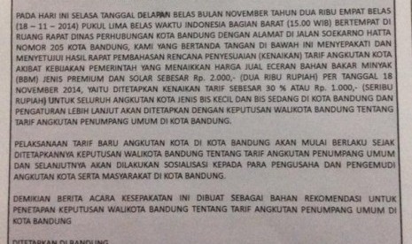 Berita acara kesepakatan penyesuaian tarif angkot di Kota Bandung