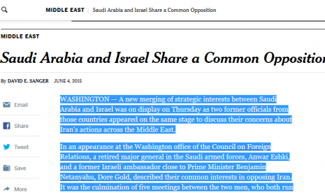 Berita tentang koalisi Arab Saudi dan Israel di the New York Times.