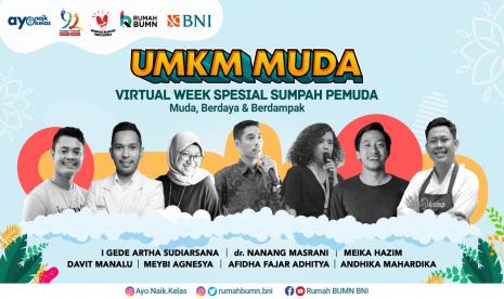 BNI mengadakan UMKM MUDA VIRTUAL WEEK SPESIAL SUMPAH PEMUDA pada 20 – 26 Oktober 2020 dengan tema MUDA, BERDAYA dan BERDAMPAK. Event ini dilaksanakan secara virtual di official social media Rumah BUMN BNI dengan menghadirkan anak-anak muda yang berhasil menjadi wirausaha sosial dari berbagai bidang dan kota di Indonesia.