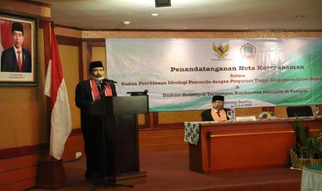 BPIP-23 PTKN Teken Nota Kesepahaman. Foto: Kepala BPIP Yudian Wahyudi saat memberi sambutan acara penandatanganan nota kesepahaman antara BPIP dan 23 PTKIN.