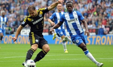 Branislav Ivanovic saat mencetak gol ke gawang Wigan