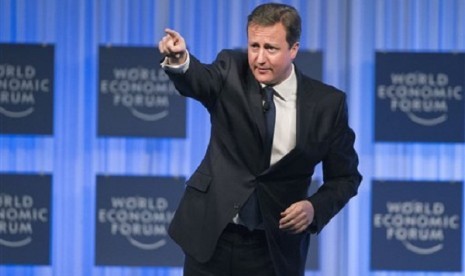 British Prime Minister, David Cameron, gestures as he speaks to the assembly of the 43rd Annual Meeting of the World Economic Forum, WEF, in Davos, Switzerland, Thursday, Jan. 24, 2013. 