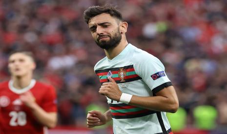 Ekspresi Bruno Fernandes saat membela Portugal di Euro 2020.