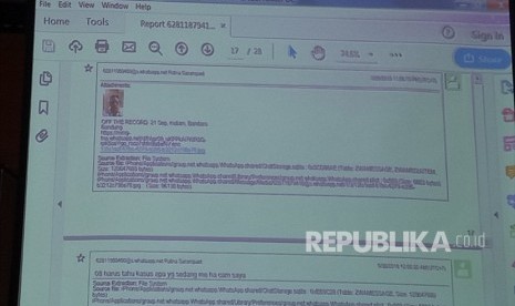 Bukti riwayat percakapan WhatsApp Ratna Sarumpaet dengan Fadli Zon yang ditunjukan saksi ahli digital forensik dalam sidang lanjutan di Pengadilan Negeri Jakarta Selatan, Kamis (25/4).