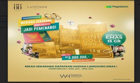 Bulan April 2021 ini Waringin Hospitality Hotel Group mengeluarkan paket pernikahan Menikah Sekarang Semua Pasangan Jadi Pemenang dengan hadiah langsung berupa tabungan emas dari Pegadaian Emas.