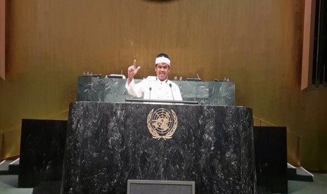 Bupati Dedi Mulyadi saat pidato kebudayaan di markas PBB, New York, AS, Selasa (18/8).