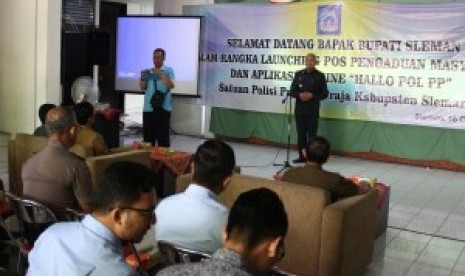 Bupati Sleman, Sri Purnomo, saat memberikan sambutan dalam peluncuran aplikasi pengaduan daring Hallo Pol PP.