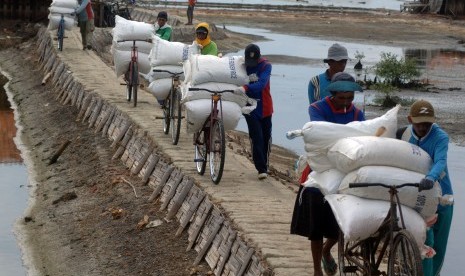 Buruh mengangkut garam sisa produksi tahun 2015 di lahan garam desa Bunder, Pademawu, Pamekasan, Jatim, Senin (14/3).