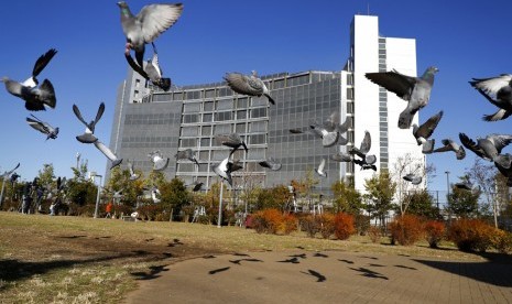 Burung merpati terbang di sekitar Tokyo Detention Center, Tokyo, Jepang. Bank of Japan (BOJ) pada Senin (8/4) memangkas penilaian untuk tiga dari sembilan wilayah negara itu.