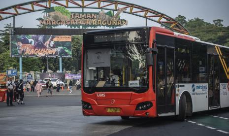 Bus Metrotrans gratis melintas di depan Taman Margasatwa Ragunan, Jakarta, Sabtu (15/5/2021). PT Transjakarta menyediakan armada gratis untuk pengunjung Taman Margasatwa Ragunan dengan rute SMKN 57 Jakarta-Ragunan PP yang bertujuan untuk mencegah kemacetan menuju ke kawasan wisata tersebut selama periode libur lebaran 2021.