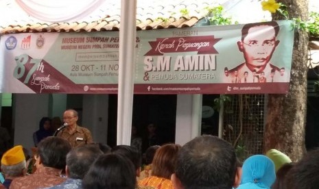 Buya Syafii Maarif memberikan sambutan pada pembukaan Pameran Kiprah Perjuangan MR SM Amin dan Pemuda Sumatera di Museum Sumpah Pemuda Jakarta, Rabu (28/10). Syafii Maarif menegaskan SM Amin sangat pantas diberi gelar Pahlawan Nasional.