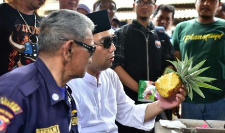 Cagub Jabar nomor urut 1 H Ridwan Kamil mencicipi nanas madu khas Kabupaten Subang saat berkunjung ke Pasar Pamanukan, Kabupaten Subang, Kamis (22/2).