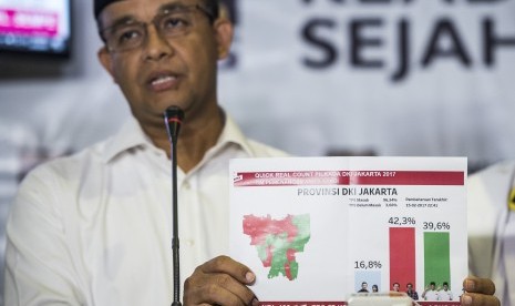 Calon Gubernur DKI Jakarta nomor urut tiga Anies Baswedan menunjukan hasil hitung cepat tim pemenangan Anies-Sandi saat menyampaikan keterangan pers di DPP PKS, Jakarta, Rabu (15/2). 