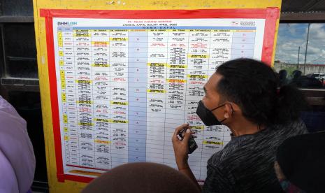 Calon penumpang kapal laut melihat jadwal kapal sebelum membeli tiket di depan kantor Pelni Cabang Sorong di Kota Sorong, Papua Barat, Senin (18/4/2022). Warga Sorong mulai memadati kantor Pelni Sorong untuk membeli tiket kapal dengan tujuan keberangkatan Ambon, Fak-Fak, Bau-Bau, Makasar dan Surabaya untuk keperluan mudik Idul Fitri dan diperkirakan puncak arus mudik akan terjadi pada 25 April 2022.