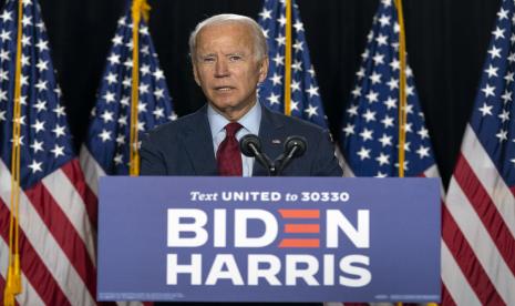  Calon presiden dari Partai Demokrat, mantan Wakil Presiden Joe Biden berbicara dalam konferensi pers di Hotel DuPont di Wilmington, Del., Kamis, 13 Agustus 2020.