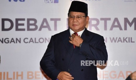 Capres nomor urut 02 Prabowo tiba untuk mengikuti debat pertama Pilpres 2019, di Hotel Bidakara, Jakarta, Kamis (17/1/2019). 