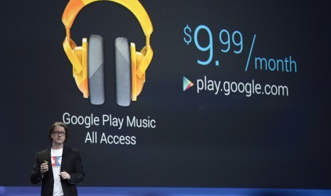 Chris Yerga, Engineering Director, Android introduces Google Play Music All Access during the keynote at the Google I/O developers conference at Moscone West Convention Center in San Francisco, California, USA