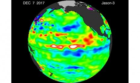 Ilustrasi citra anomali permukaan laut Pasifik masih menunjukkan fenomana La Nina ditandai dengan dominannya warna biru.