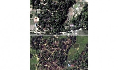 Citra satelit Digital Globe yang dirilis Human Rights Watch, 21 November 2016 menunjukkan Desa Wa Peik, Maungdaw District, Myanmar dimana etnis Rohingya tinggal pada 2014 (atas) dan setelah dihancurkan (bawah) pada 10 November 2016.